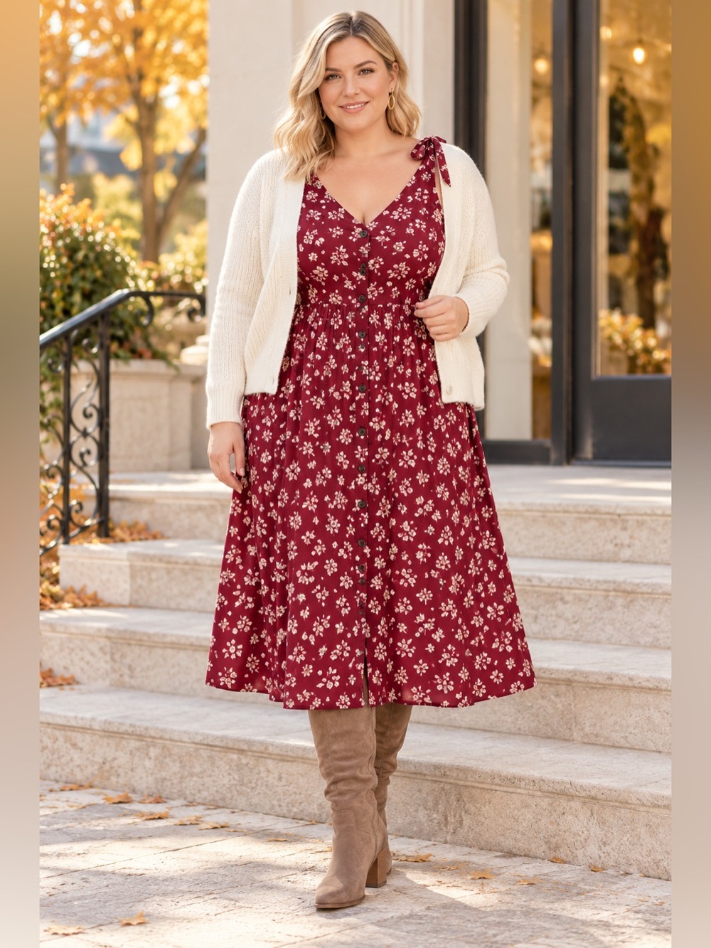 Dip Burgundy Floral Button Front Midi Dress 1X NWT Tie Strap Boho